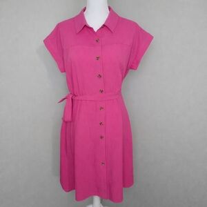 Calvin Klein Hot Pink Button-Front Fit & Flare Gauze Preppy Feminine Shirt Dress